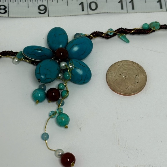 Whimsical Turquoise and Red Beaded Flower Necklace - Picture 5 of 7